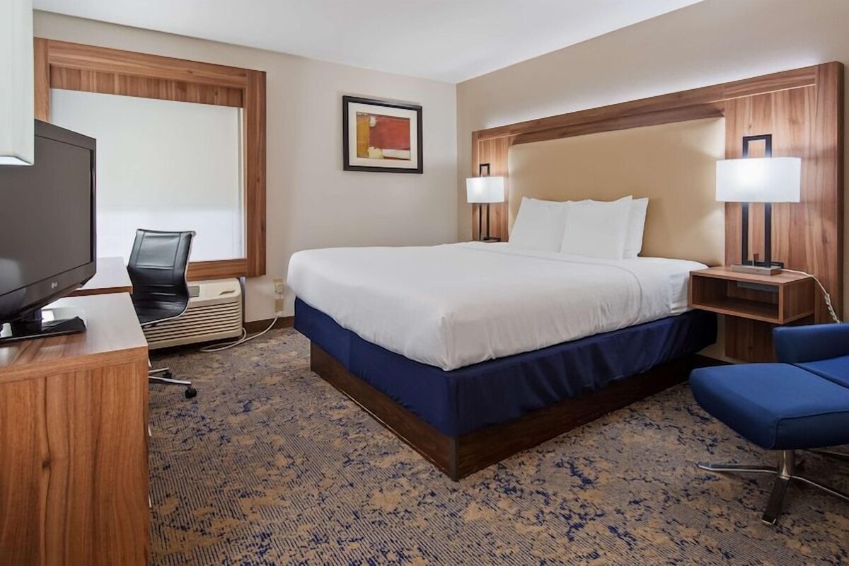 Quarto de hotel com cama, escrivaninha com televisão, cadeira e mesa de cabeceira com luminárias.