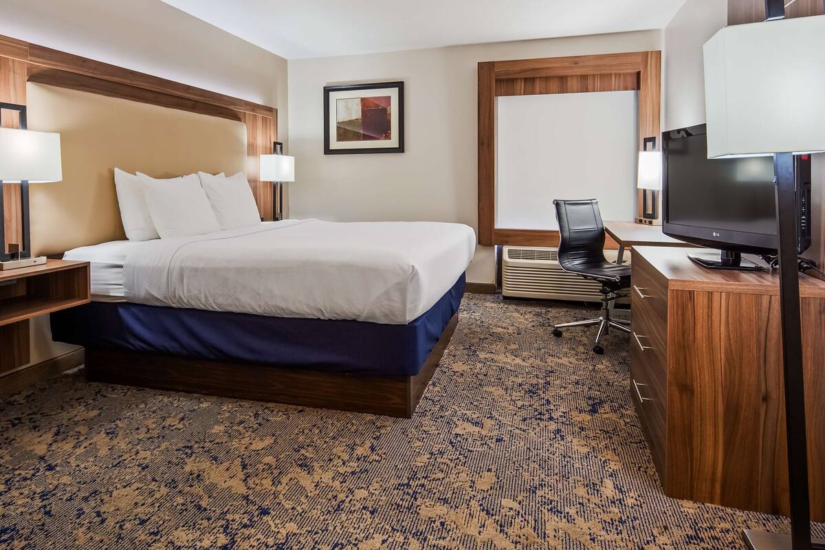 A hotel room with a large bed, a desk with a computer, a TV, and a wall-mounted heater.