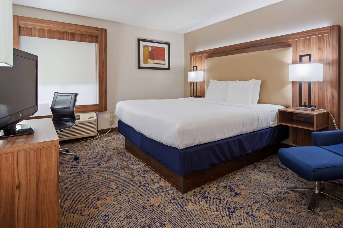 A hotel room with a bed, a desk with a television, a chair, and a nightstand with lamps.