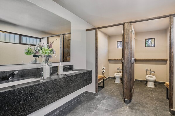 Un baño moderno con encimera de granito, un espejo, un jarrón con flores, dos inodoros y una puerta de madera.