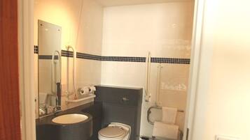A bathroom with a black and white checkered floor, a white toilet, a sink, and a shower area.