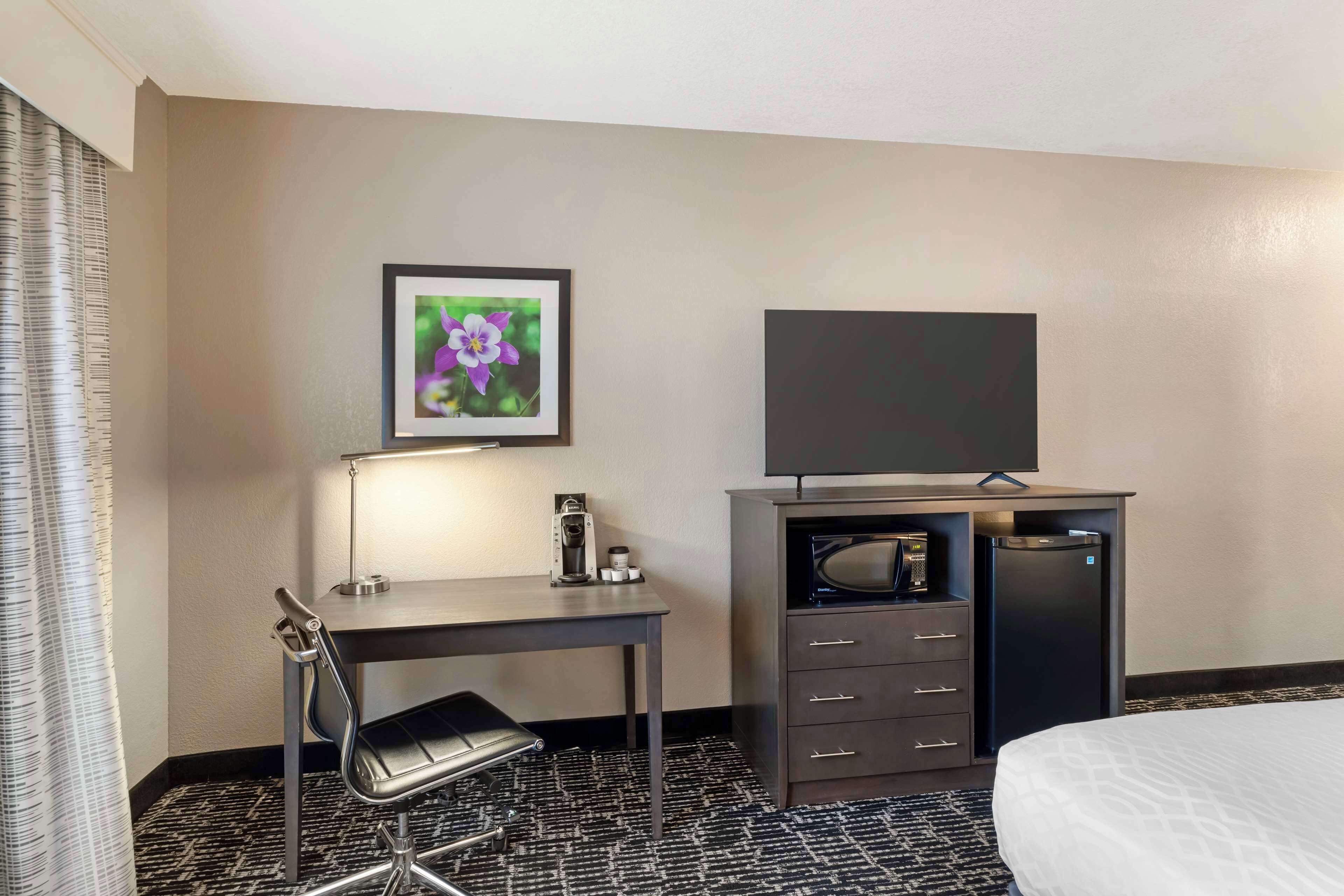 A hotel room with a bed, a desk with a chair, a television, a coffee maker, and a microwave.
