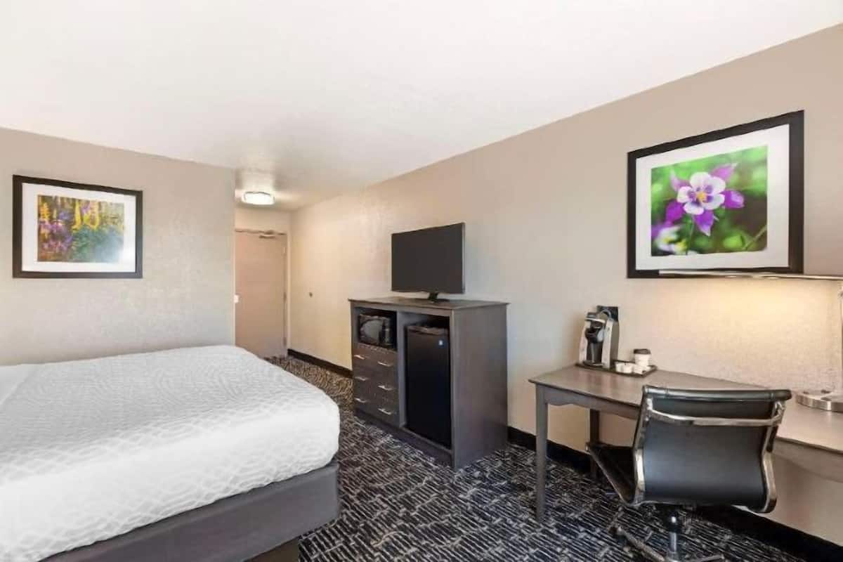 Premium bedding, pillow-top beds, desk, laptop workspace