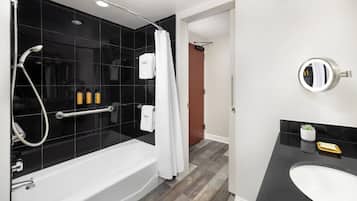 Designer toiletries, hair dryer, bathrobes, towels