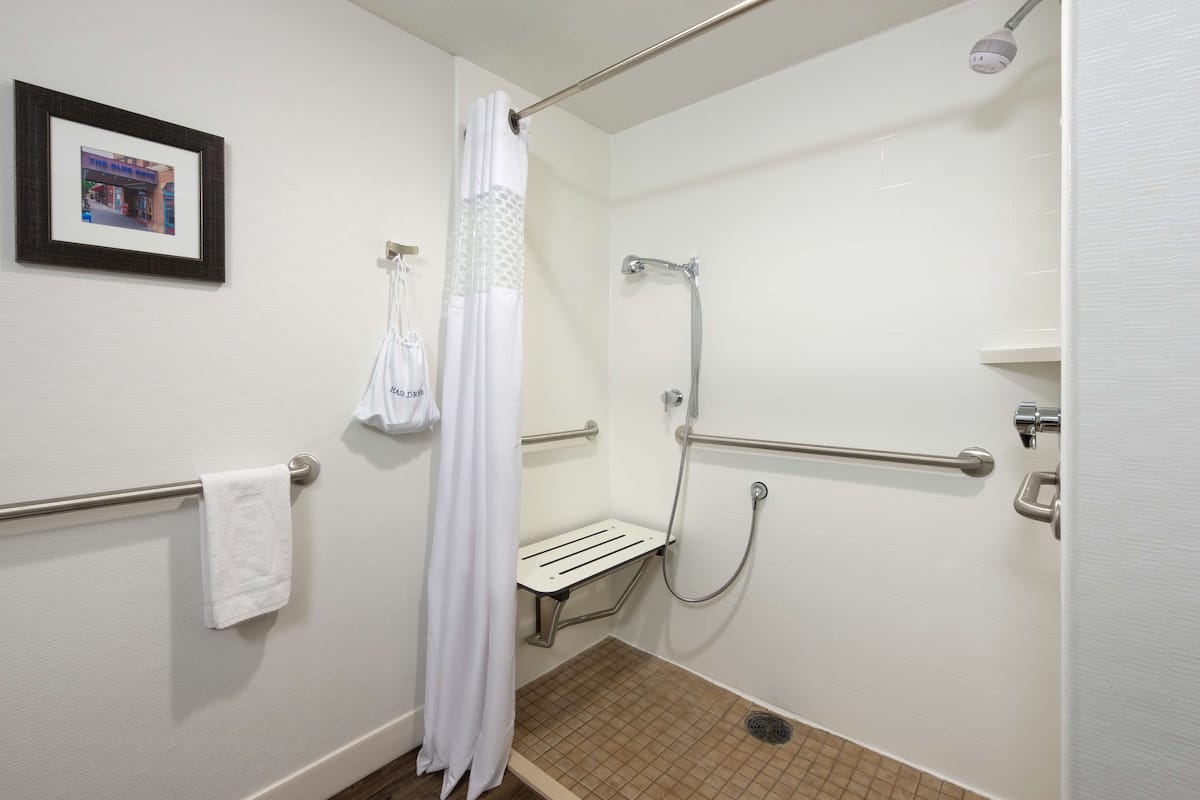 one king size accessible room | bathroom | free toiletries, hair dryer, towels, soap