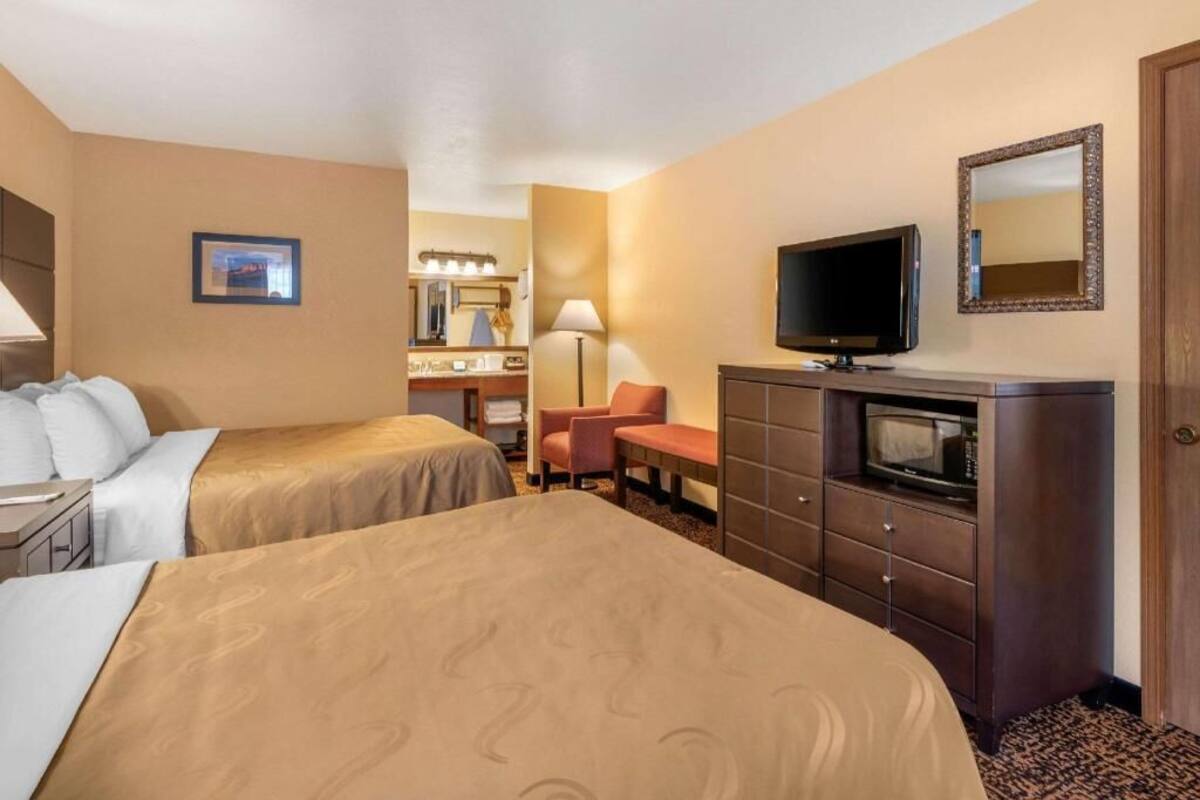 Een hotelkamer met twee bedden, een bureau, een stoel, een televisie, een magnetron en een spiegel.