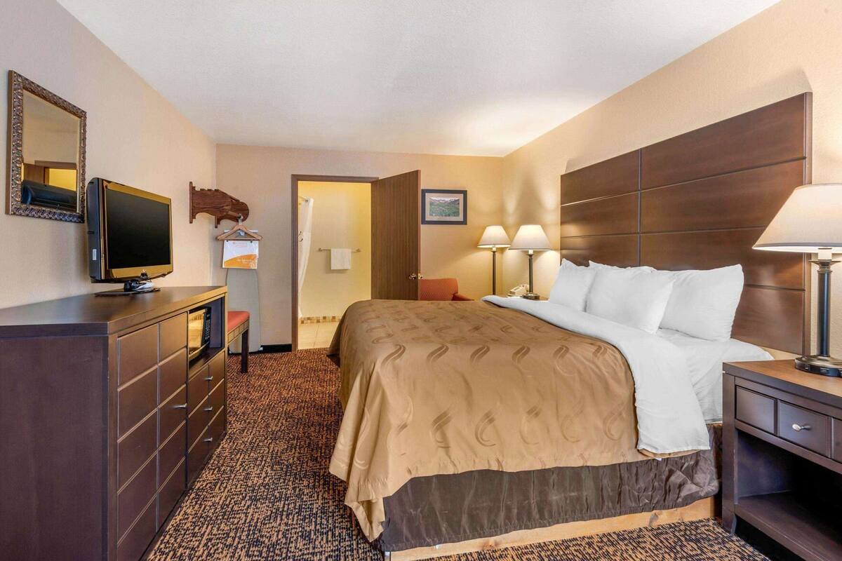 A hotel room with a bed, a TV, a desk with a chair, a dresser, and a lamp.