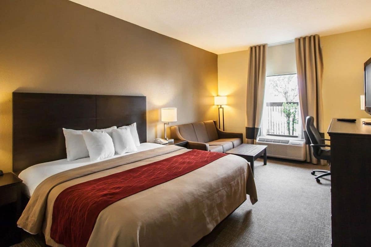 A hotel room with a large bed, a desk, a chair, a lamp, and a TV.