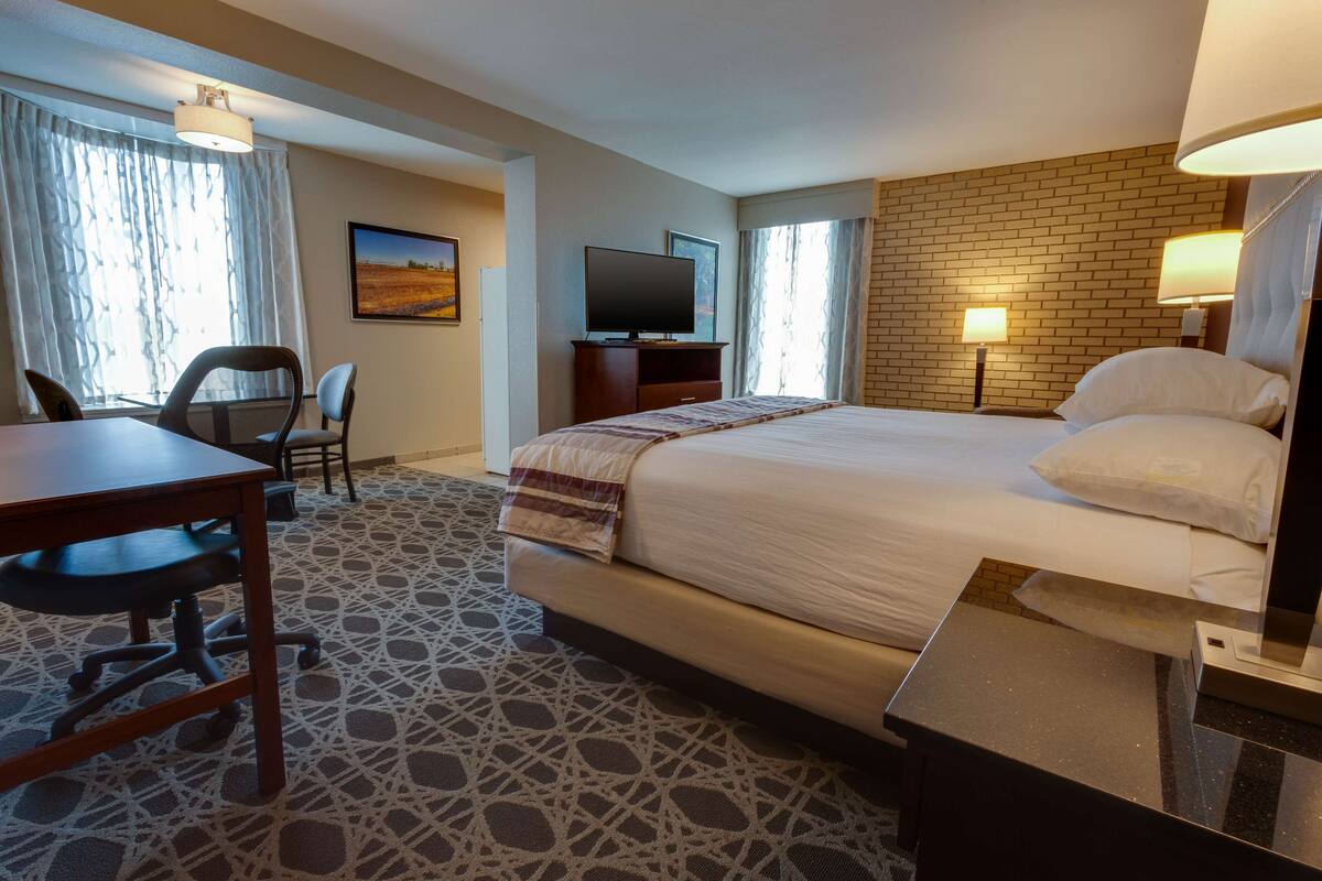 Habitación de hotel con una cama grande, un escritorio, una silla, un televisor y una pared decorativa de ladrillo.