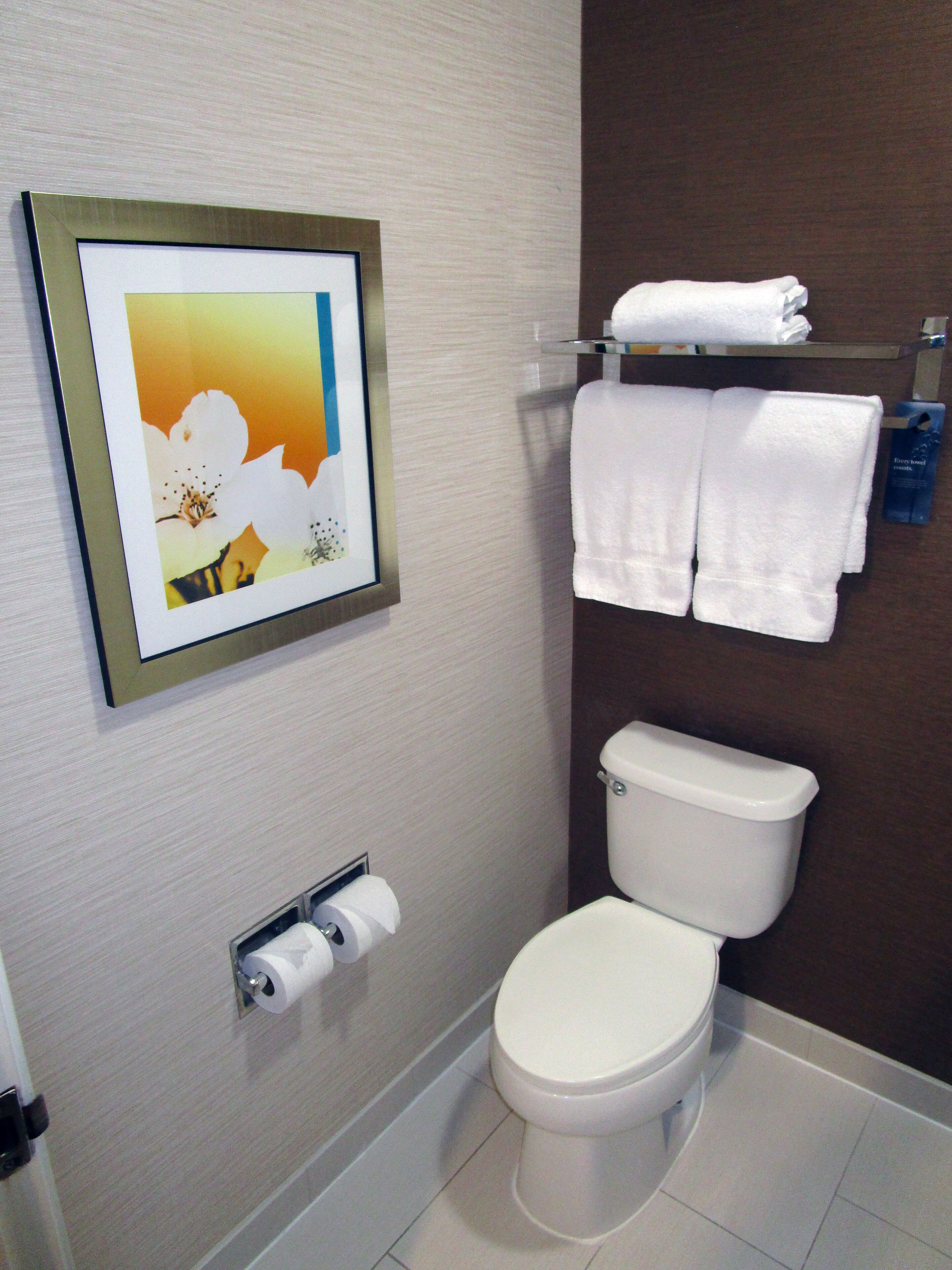 combined shower/bathtub, free toiletries, hair dryer, towels