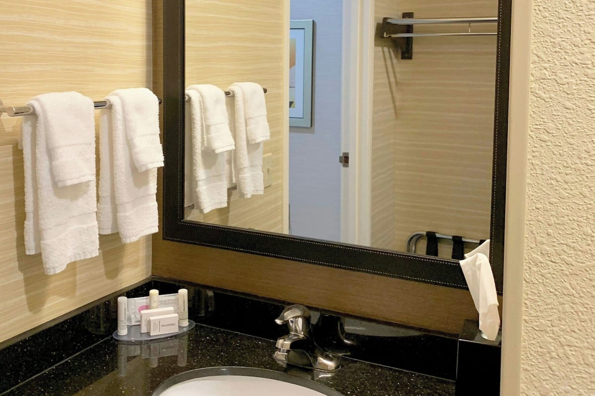 combined shower/bathtub, free toiletries, hair dryer, towels