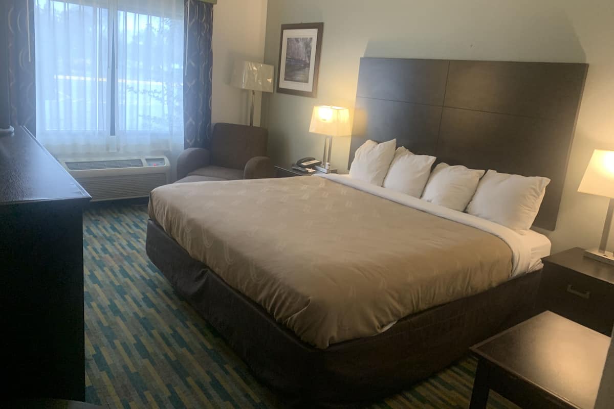 A hotel room with a large bed, a desk, a chair, a window with curtains, a wall-mounted lamp, and a framed picture.