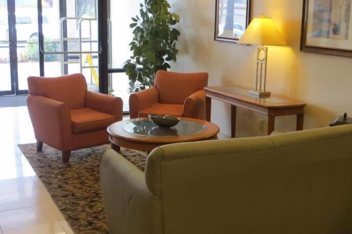A living room with two orange armchairs, a round coffee table, a lamp, and a large window with a view.