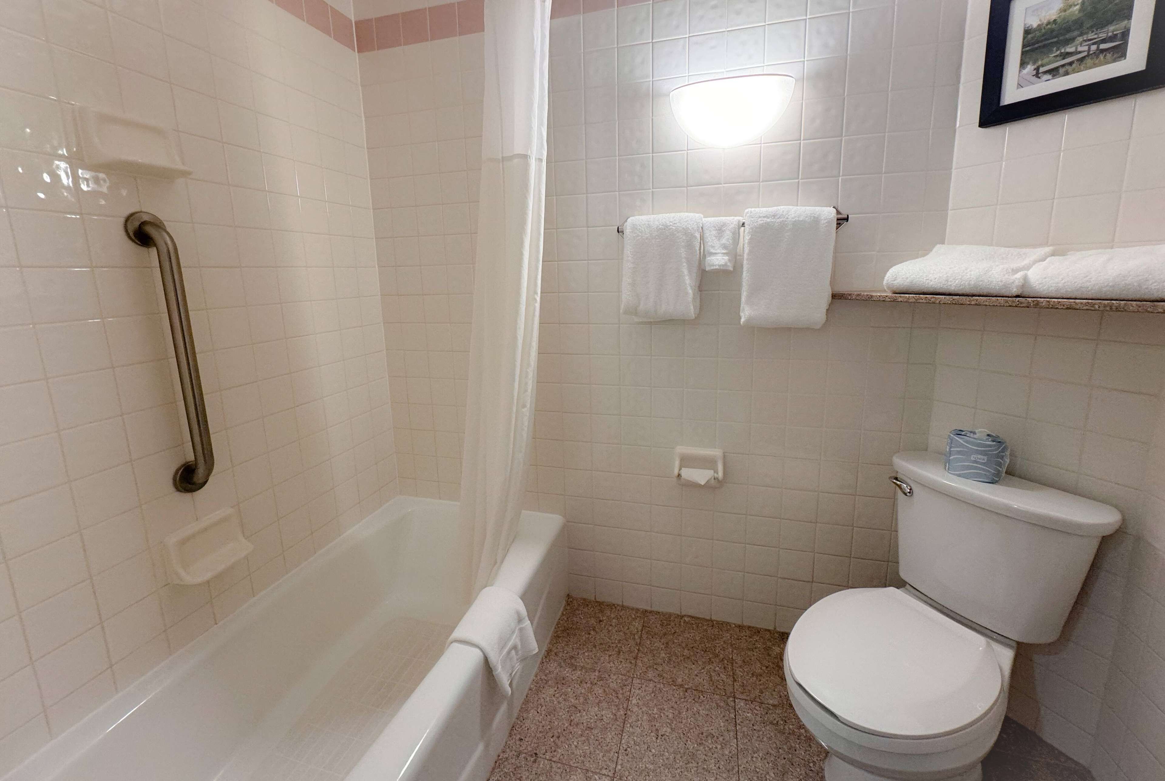 A bathroom with a bathtub, toilet, and a shower area.