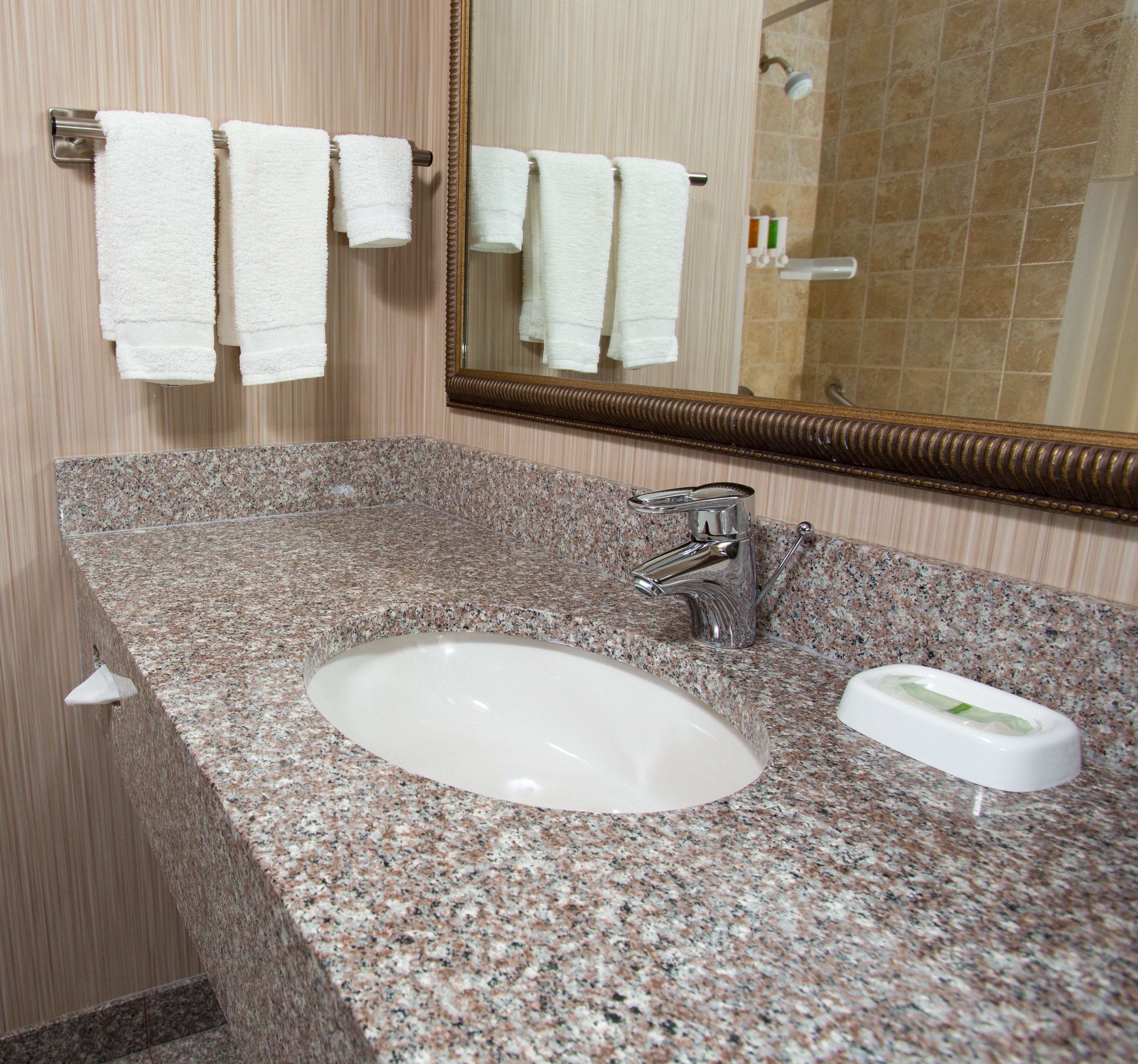 combined shower/bathtub, free toiletries, hair dryer, towels