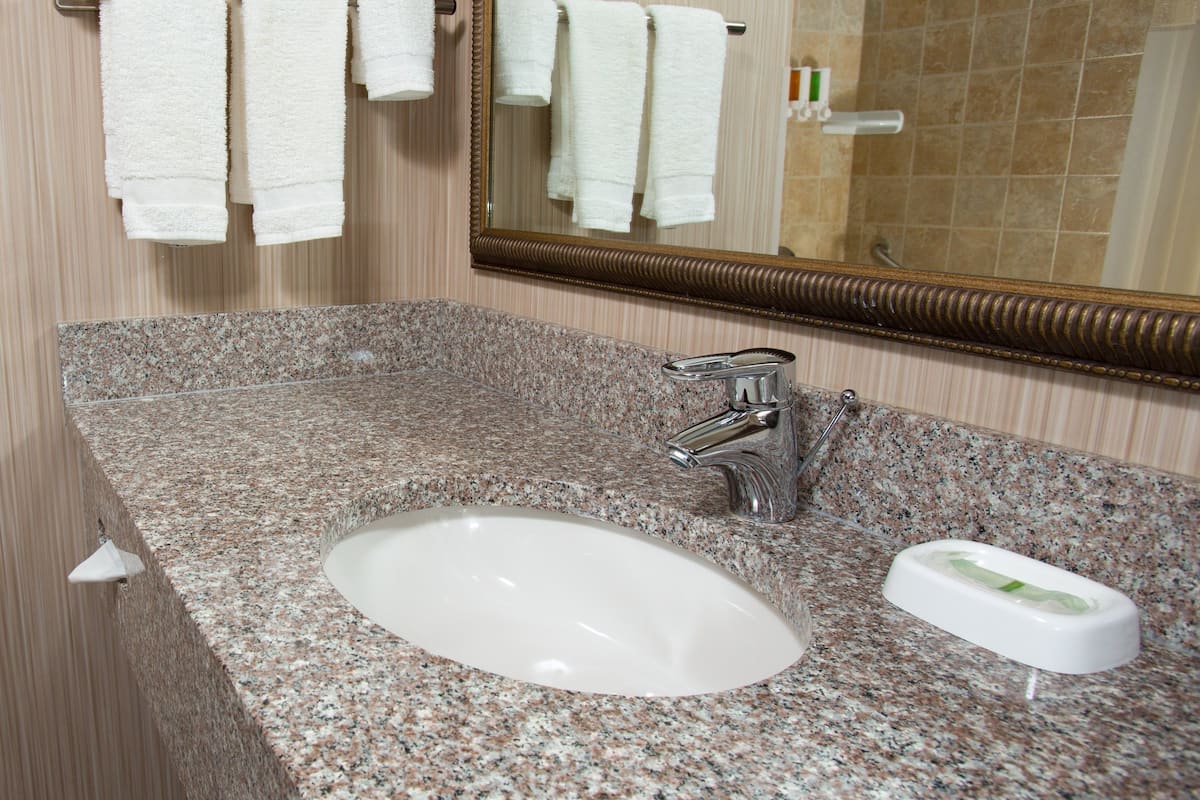 combined shower/bathtub, free toiletries, hair dryer, towels