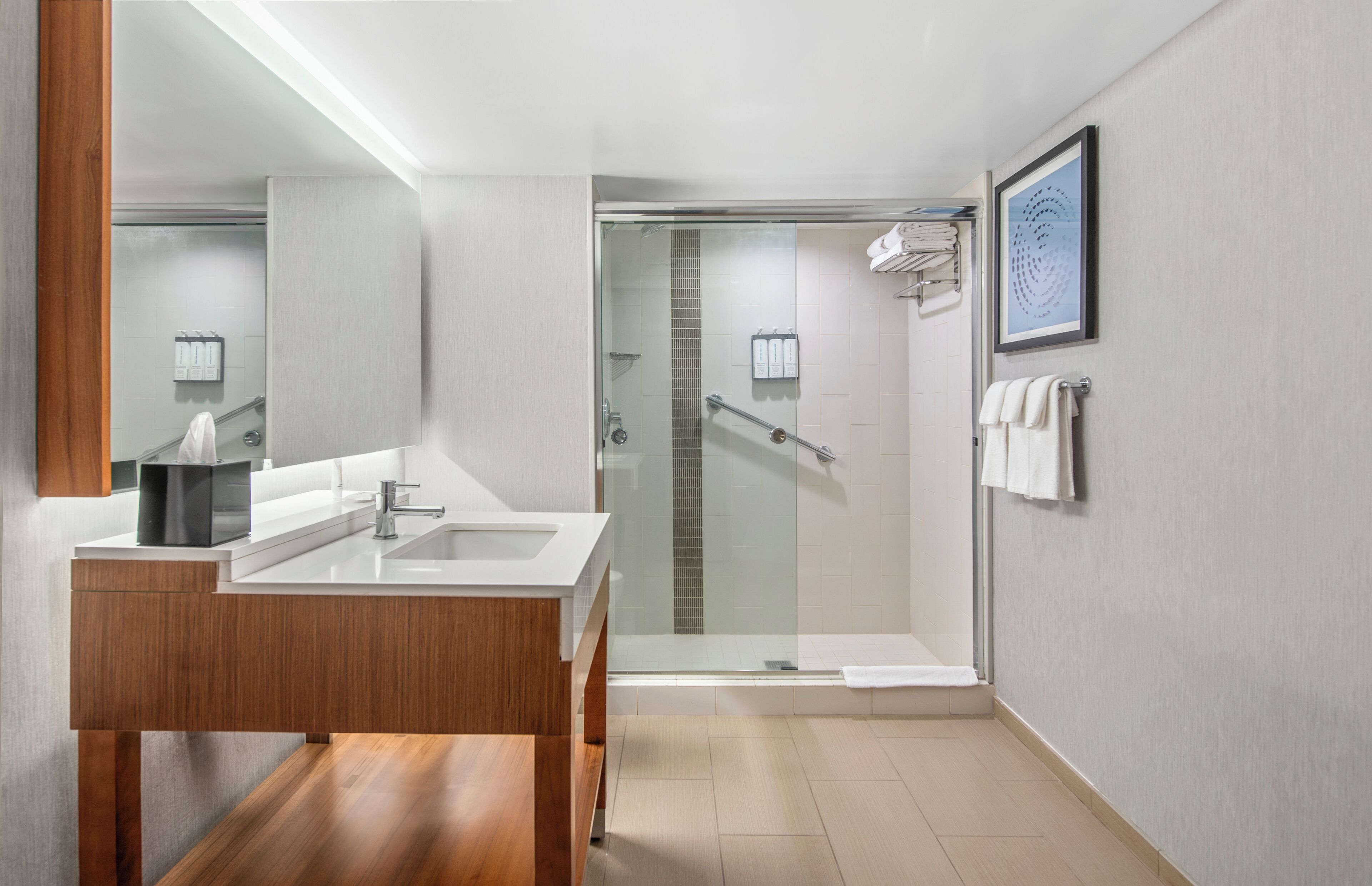 designer toiletries, hair dryer, towels