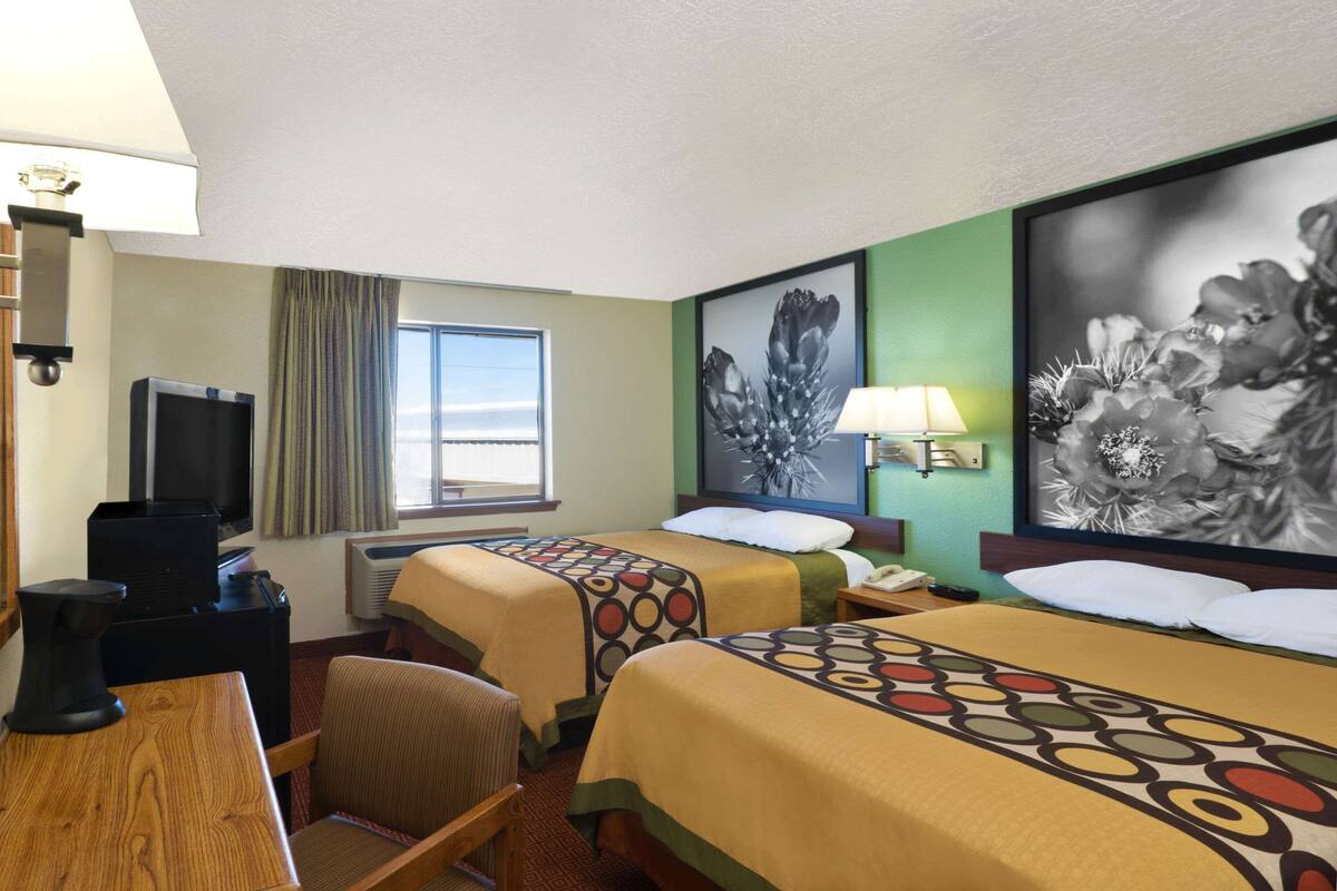 Une chambre d’hôtel avec deux lits, une télévision, un bureau et une fenêtre donnant sur un paysage agréable.