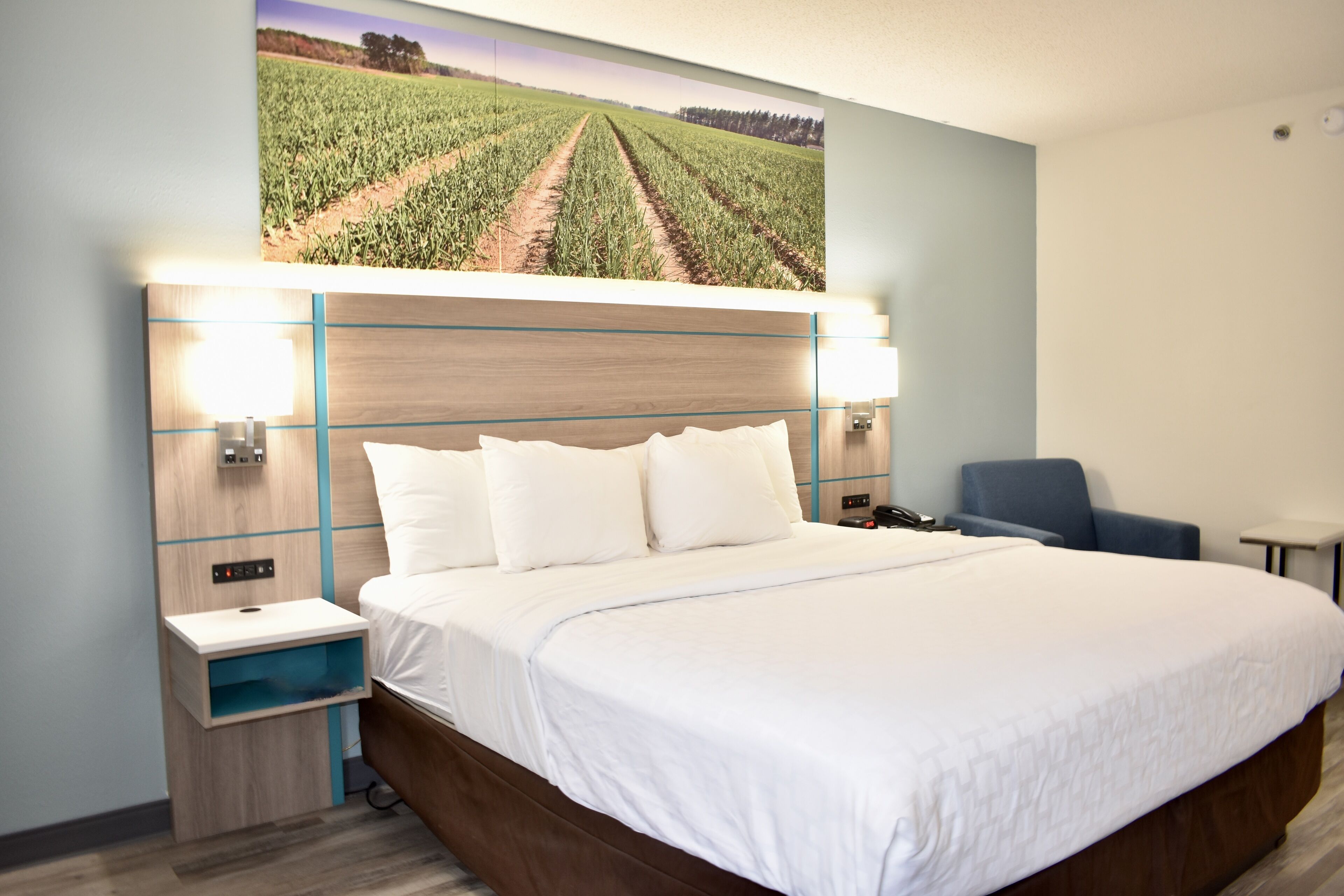 A hotel room with a large bed, two bedside tables, a chair, and a wall-mounted TV.