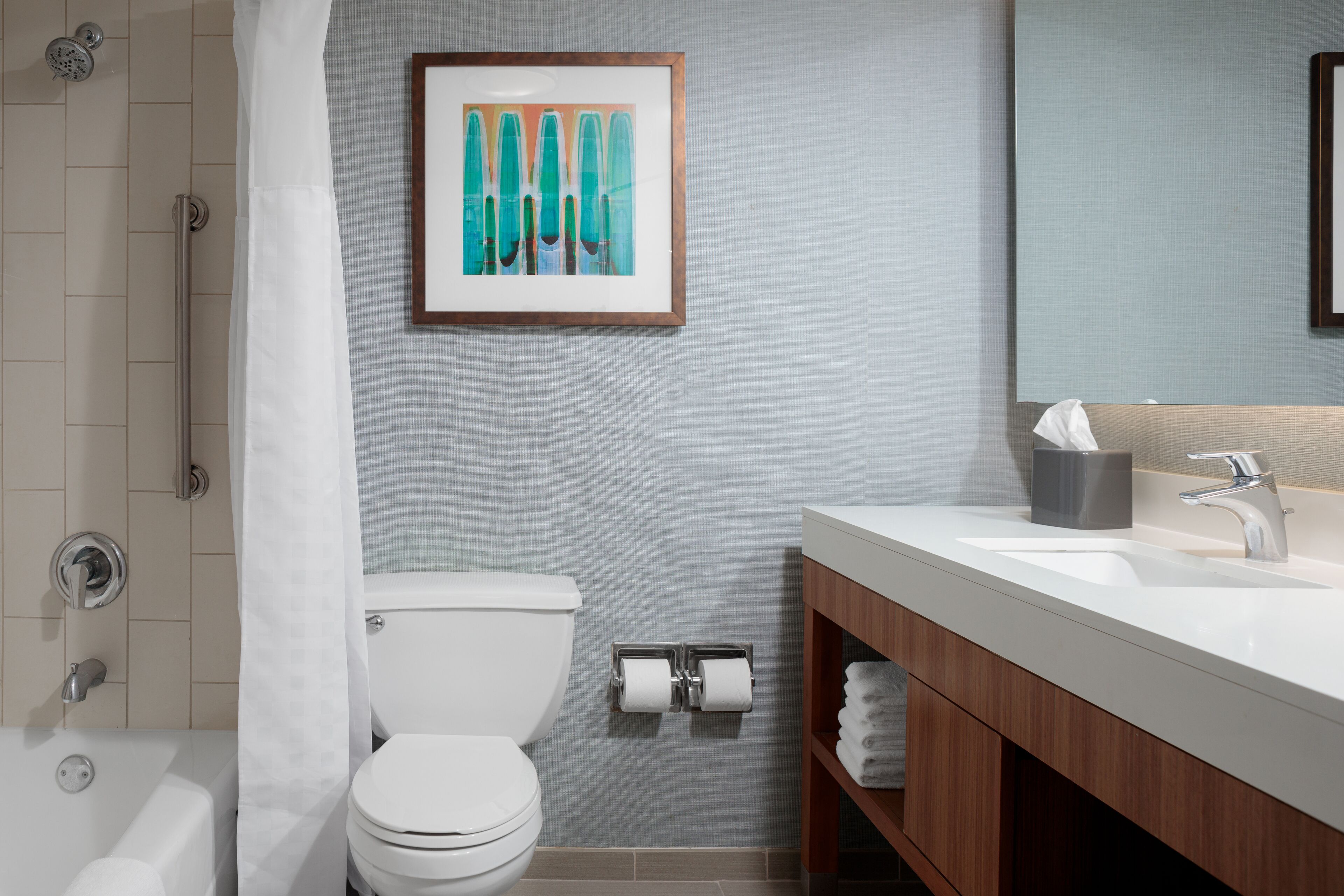 combined shower/bathtub, hydromassage showerhead, designer toiletries