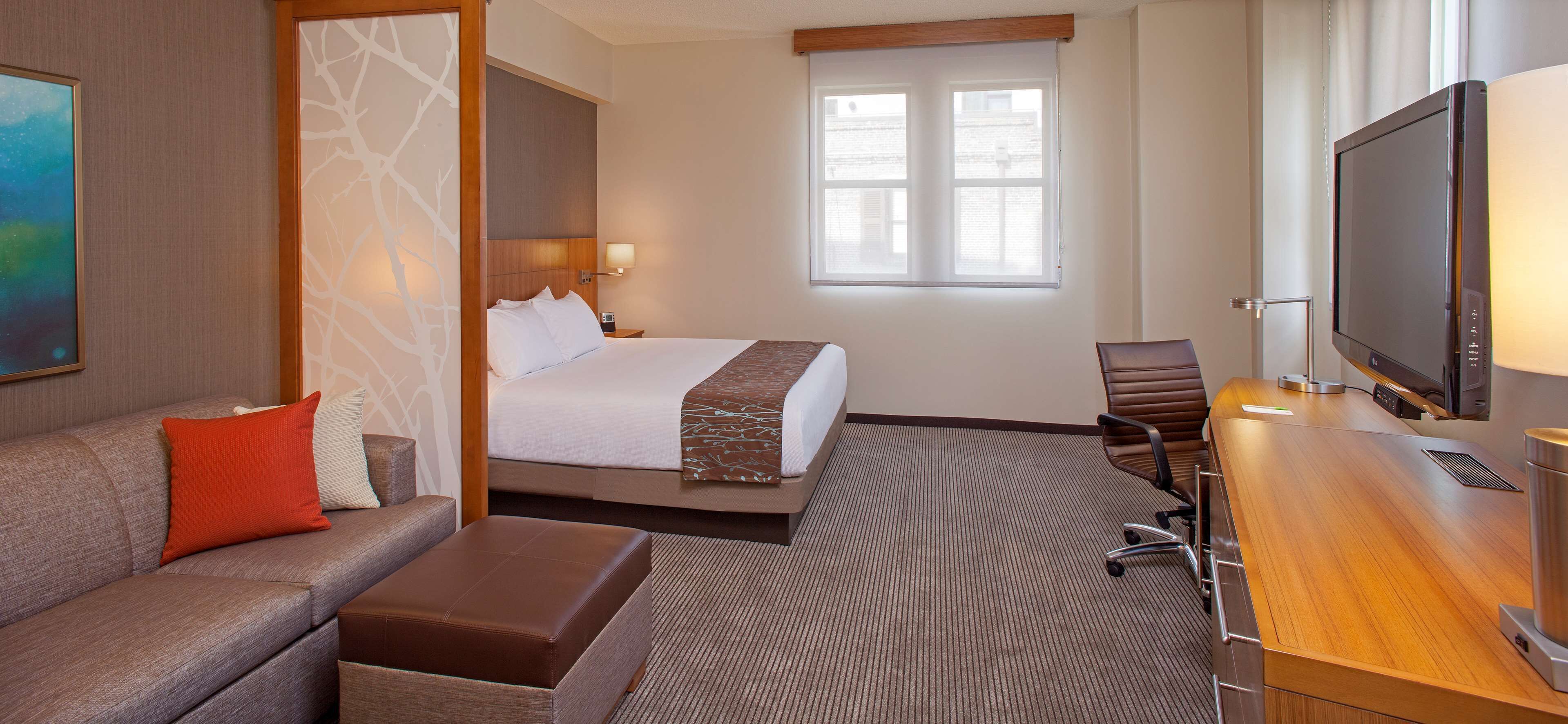 A hotel room with a bed, a desk, a television, a sofa, and a window.
