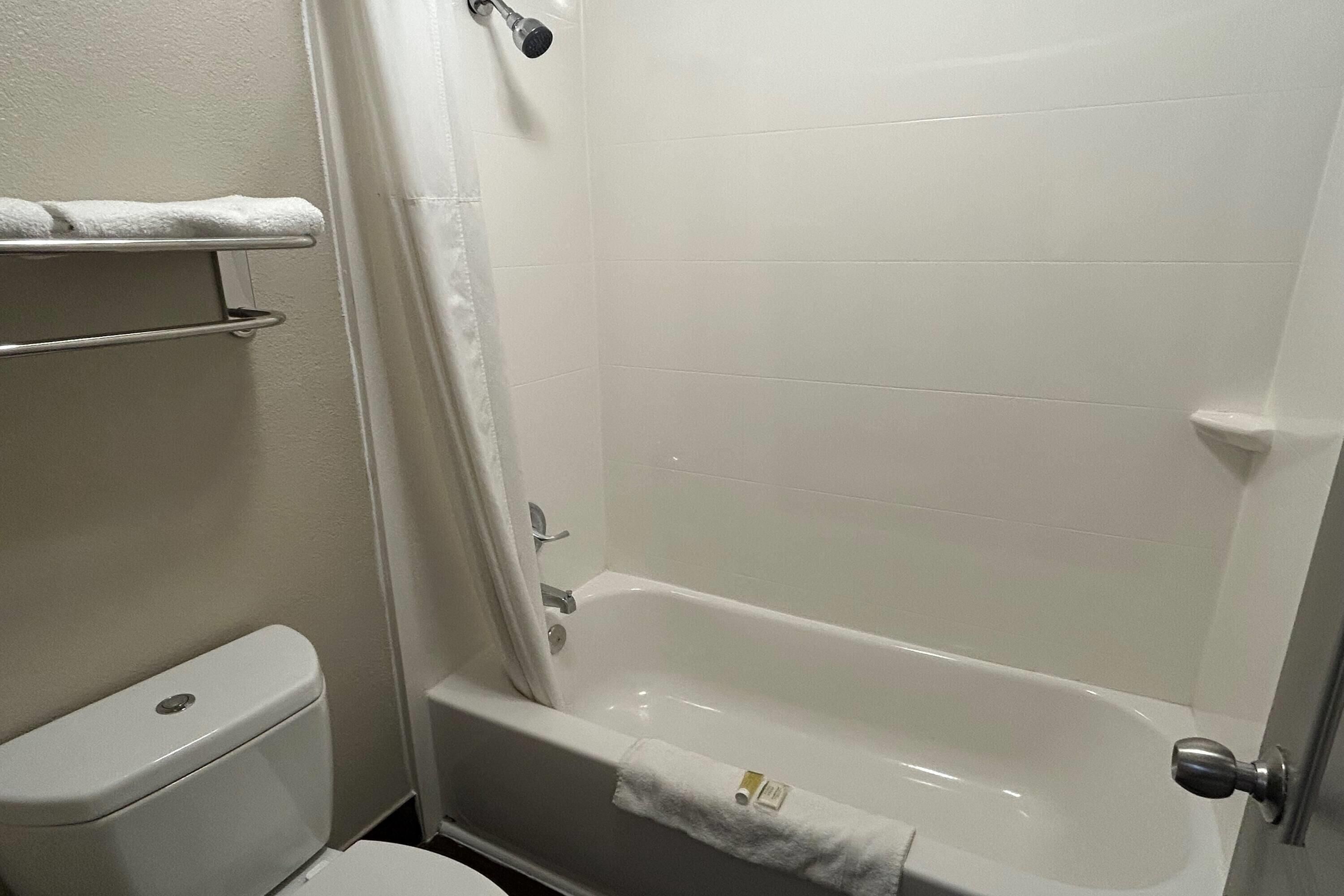 A bathroom with a toilet, a bathtub, and a shower curtain.