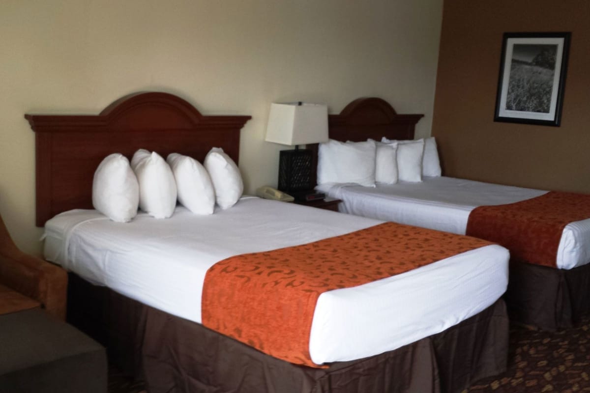 A hotel room with two beds, a nightstand with a lamp, a chair, and a framed picture on the wall.