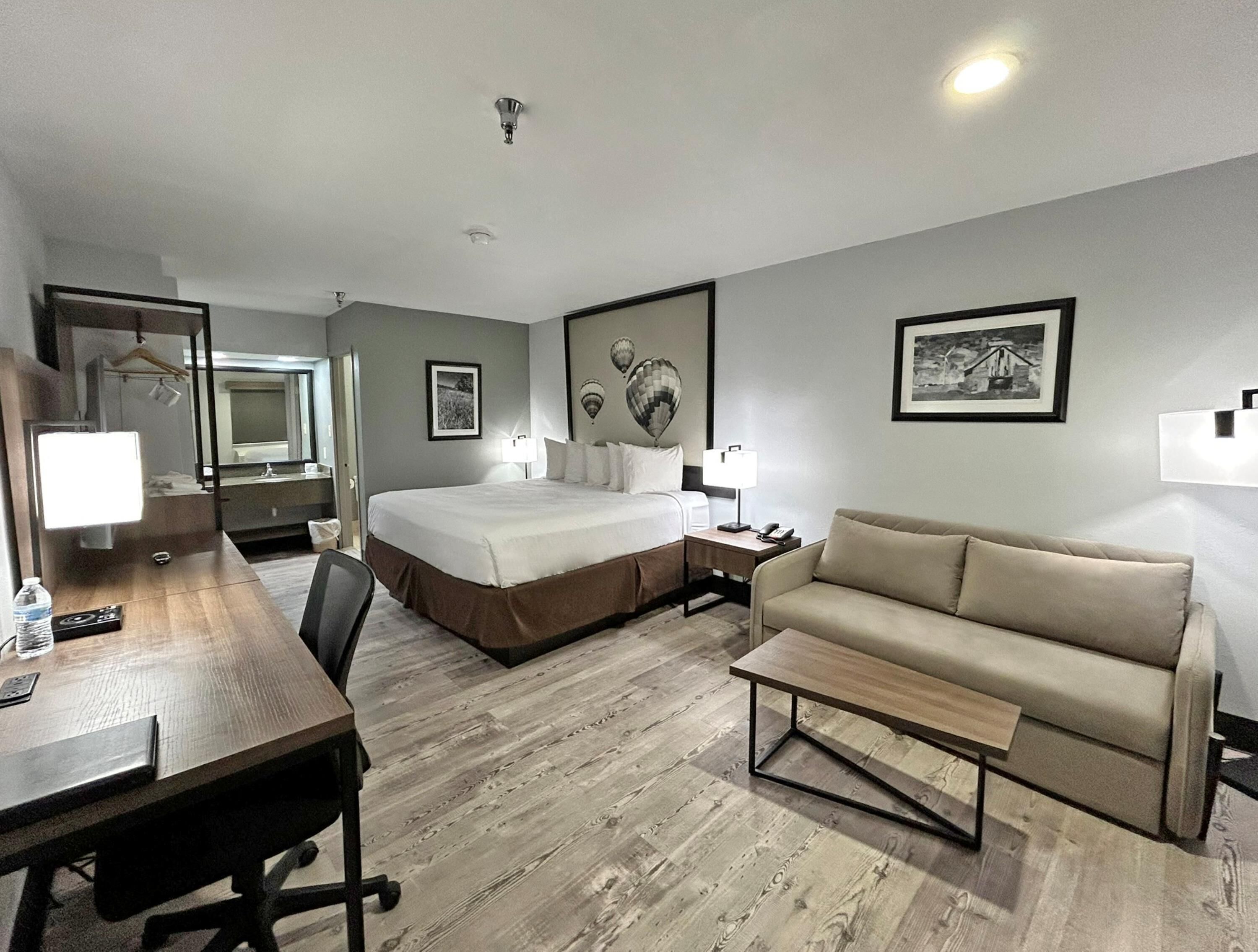 A hotel room with a bed, a sofa, a desk, and a chair.