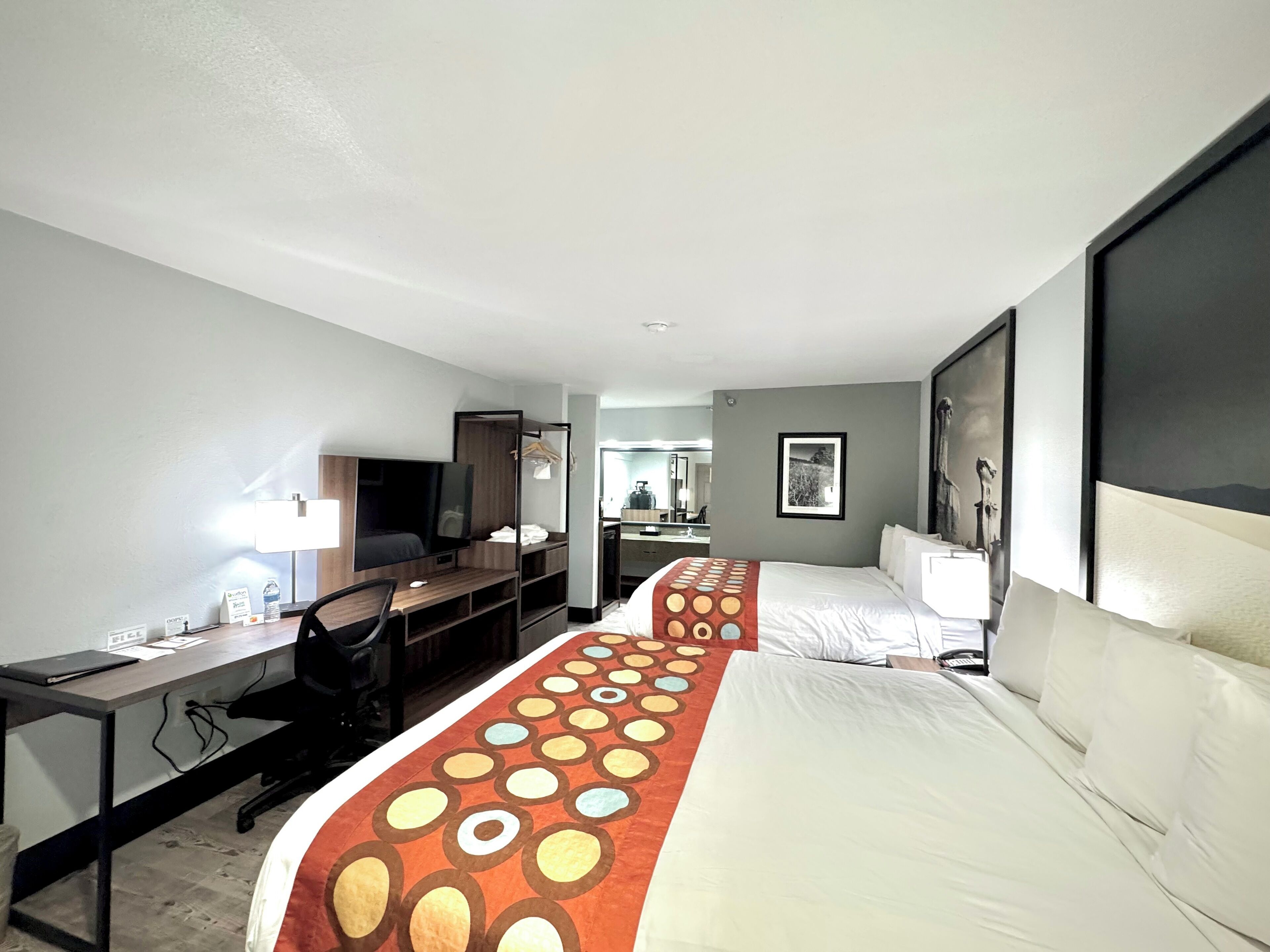 Habitación de hotel con cama, escritorio, silla, televisor y espejo.