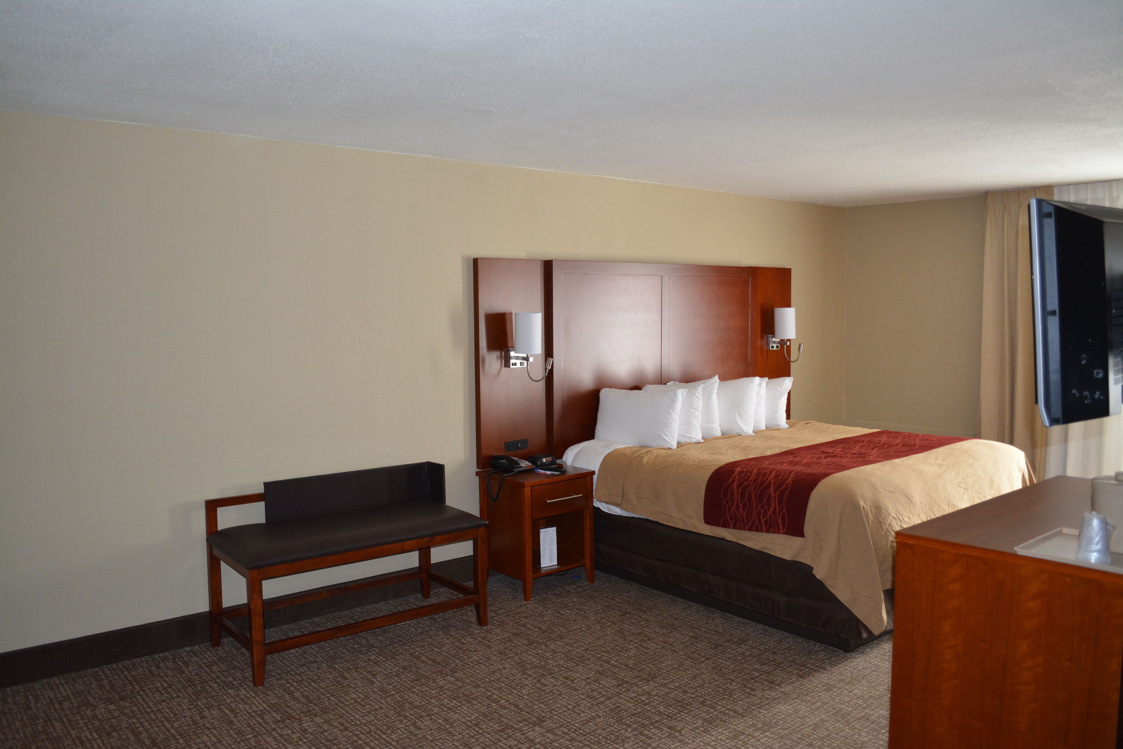 Habitación de hotel con cama, escritorio, silla, mesita de noche y televisor.