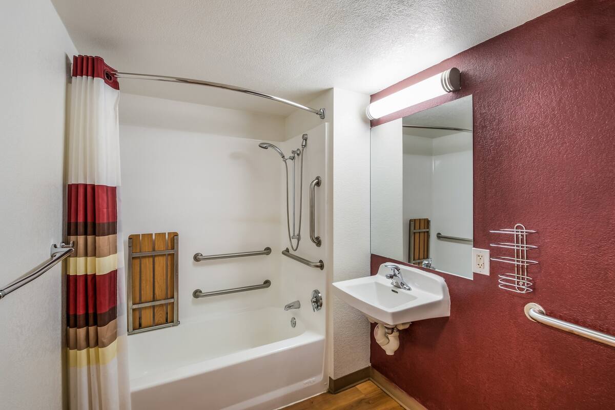 A bathroom with a shower, grab bars, a sink, and a mirror.
