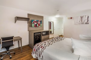 Habitación de hotel con cama, escritorio, televisor, refrigerador y puerta.
