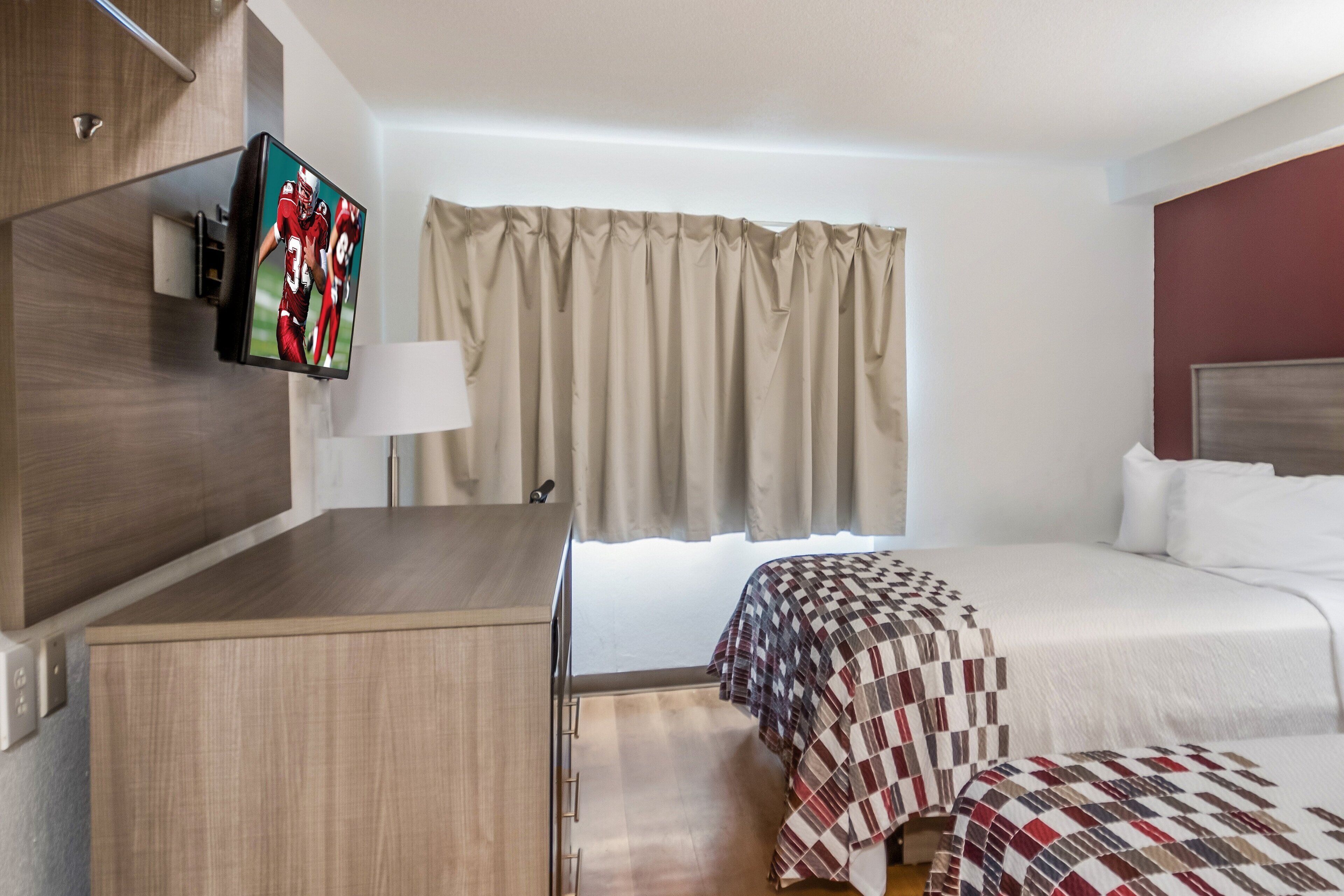 desk, laptop workspace, blackout curtains, free wifi