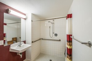 Standard Room, 2 Queen Beds, Accessible, Non Smoking (Roll - In Shower) | Bathroom | Free toiletries, hair dryer, towels