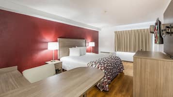 Desk, laptop workspace, blackout curtains, free WiFi