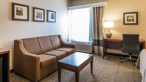 A hotel room with a brown sofa, a wooden coffee table, a desk with a chair, and a lamp. There are three framed pictures on the wall, a window with curtains, and a radiator.