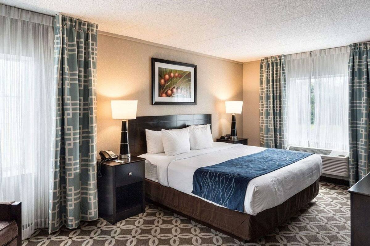 A hotel room with a bed, two bedside lamps, a framed picture on the wall, and a patterned carpet.