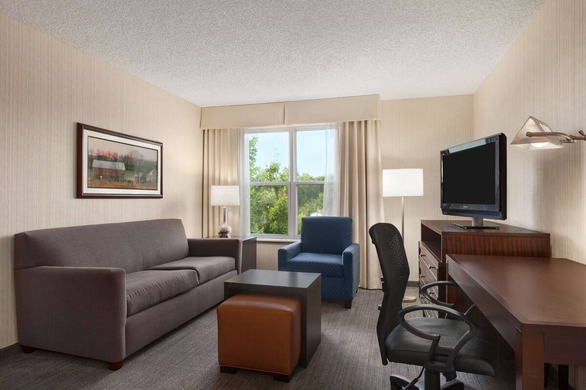 A hotel room with a sofa, a chair, a desk, a television, and a window with curtains.