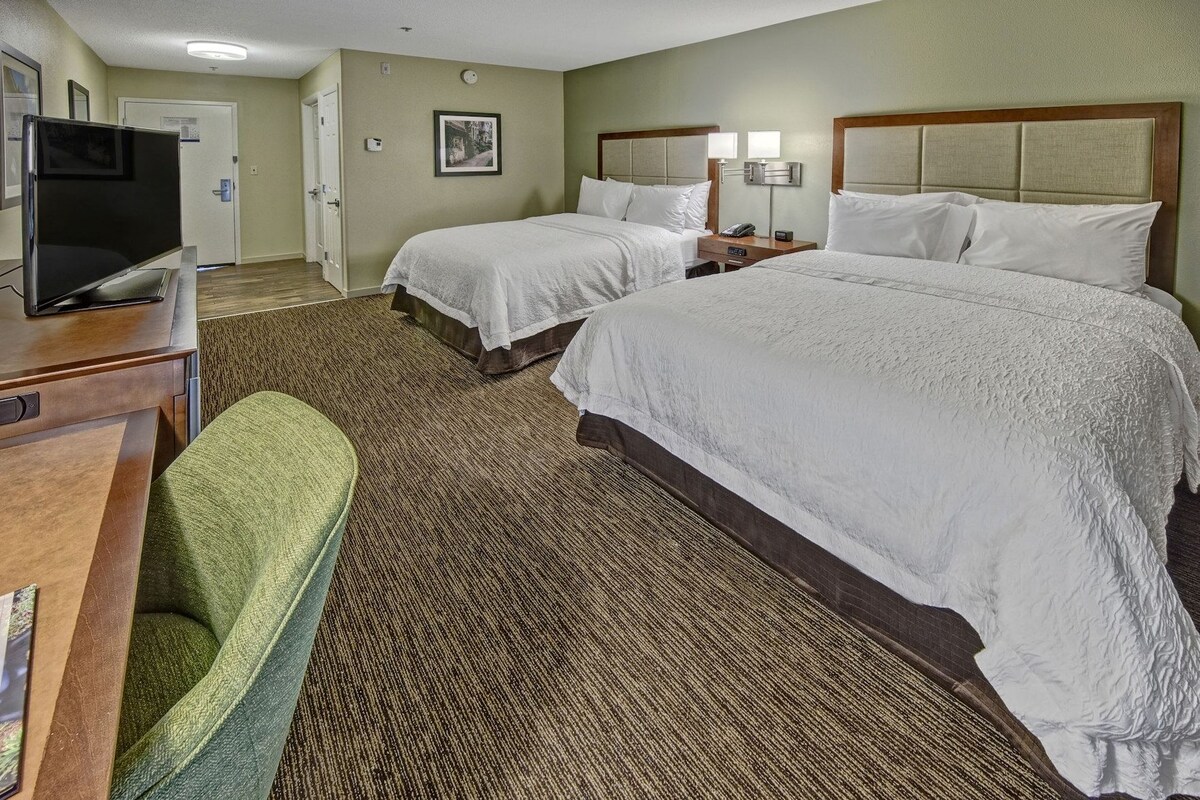 A hotel room with two beds, a desk with a flat-screen TV, a green chair, and a carpeted floor.