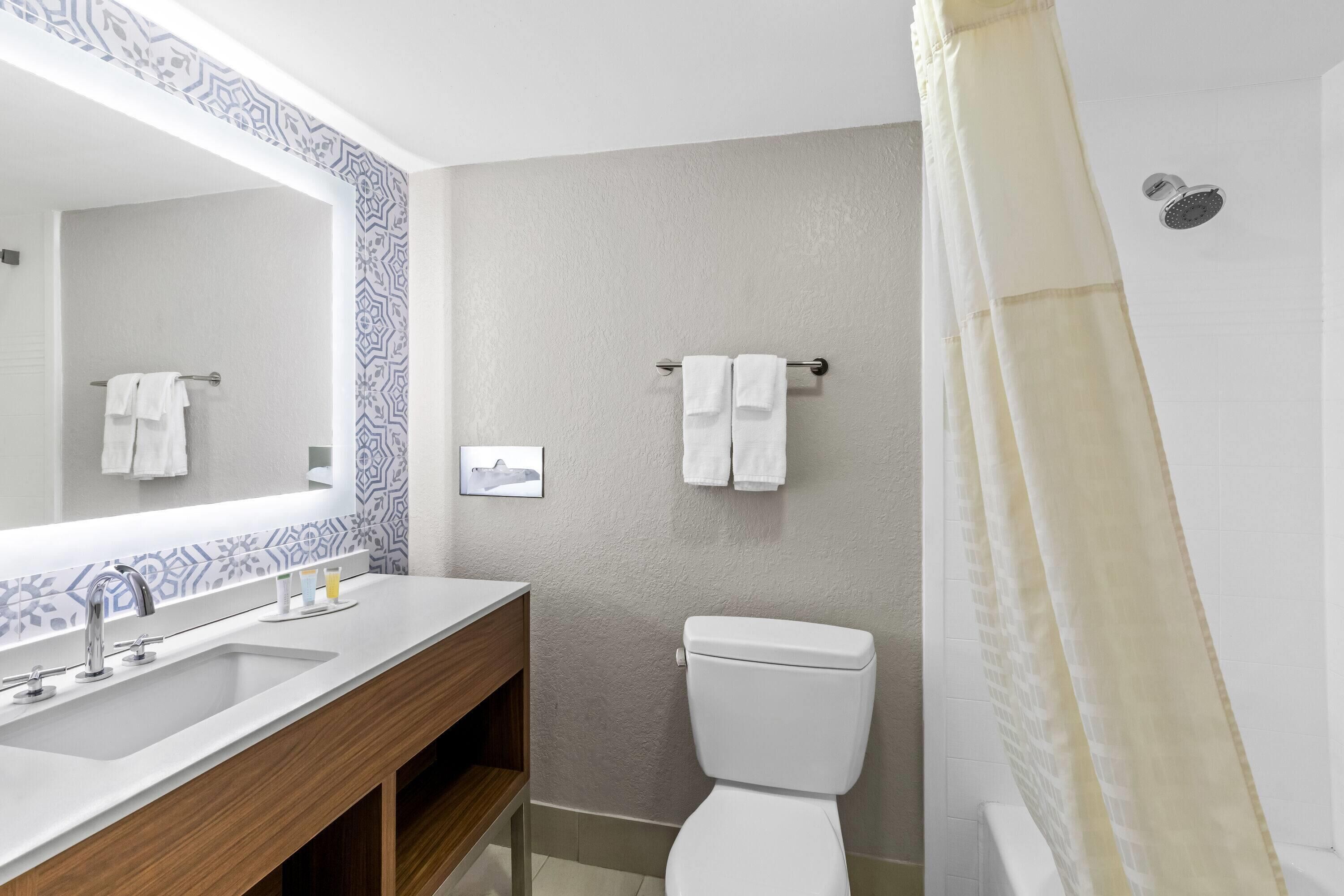 A bathroom with a sink, mirror, toilet, and shower curtain.