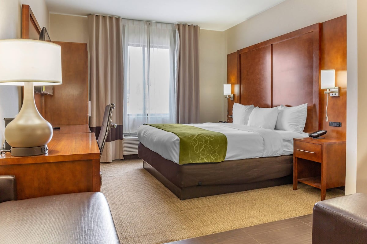 A hotel room with a large bed, a desk with a lamp, a bedside table with a lamp, and a view of the outdoors through a window with curtains.