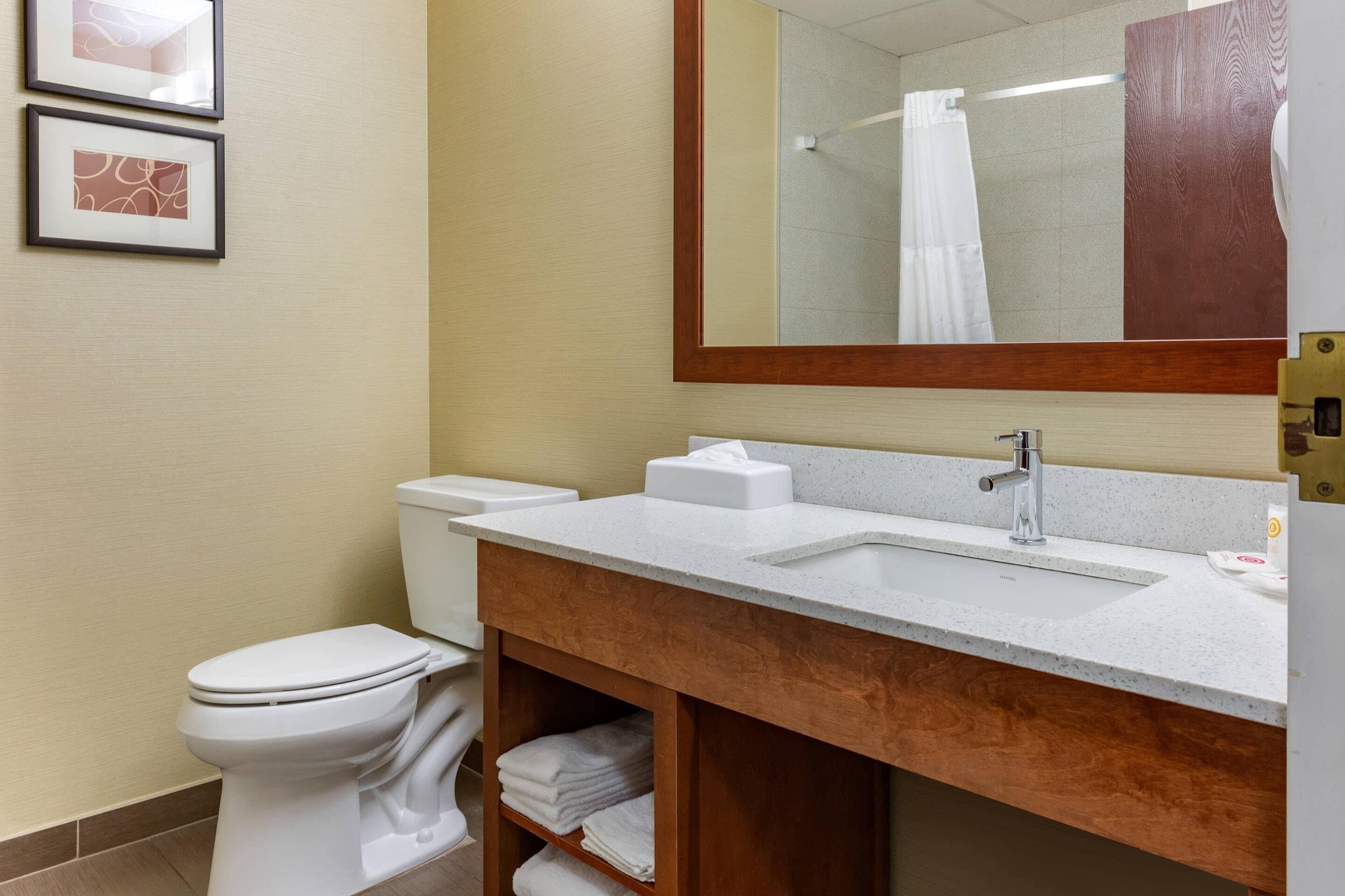 Une salle de bain avec des toilettes blanches, un lavabo doté d’un meuble-lavabo en bois et un miroir au-dessus du lavabo.