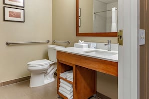 Shower, rainfall showerhead, free toiletries, hair dryer