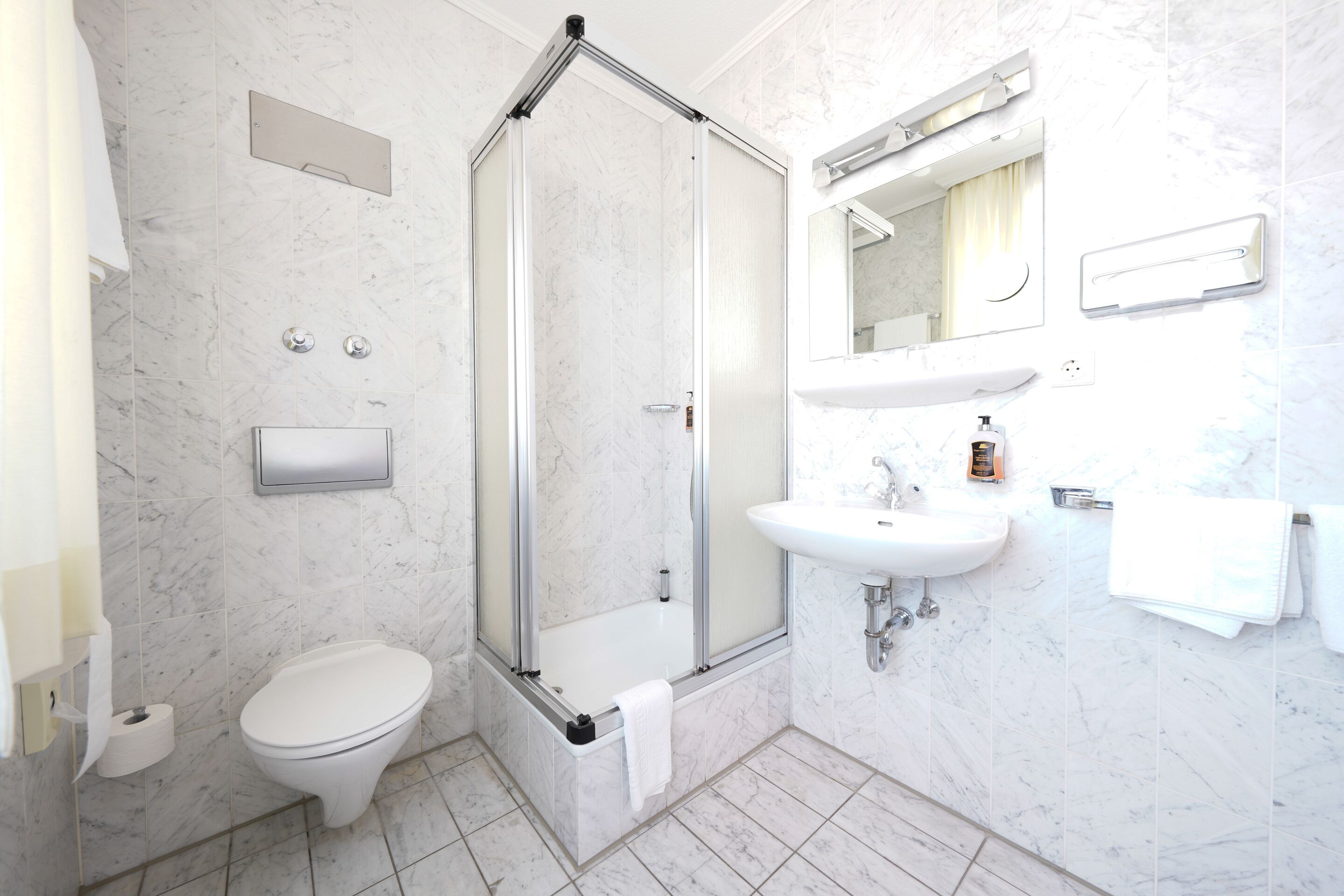 A modern bathroom with a glass-enclosed shower, a toilet, a sink, and a mirror.