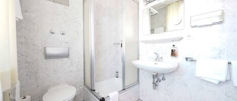A modern bathroom with a glass-enclosed shower, a toilet, a sink, and a mirror.