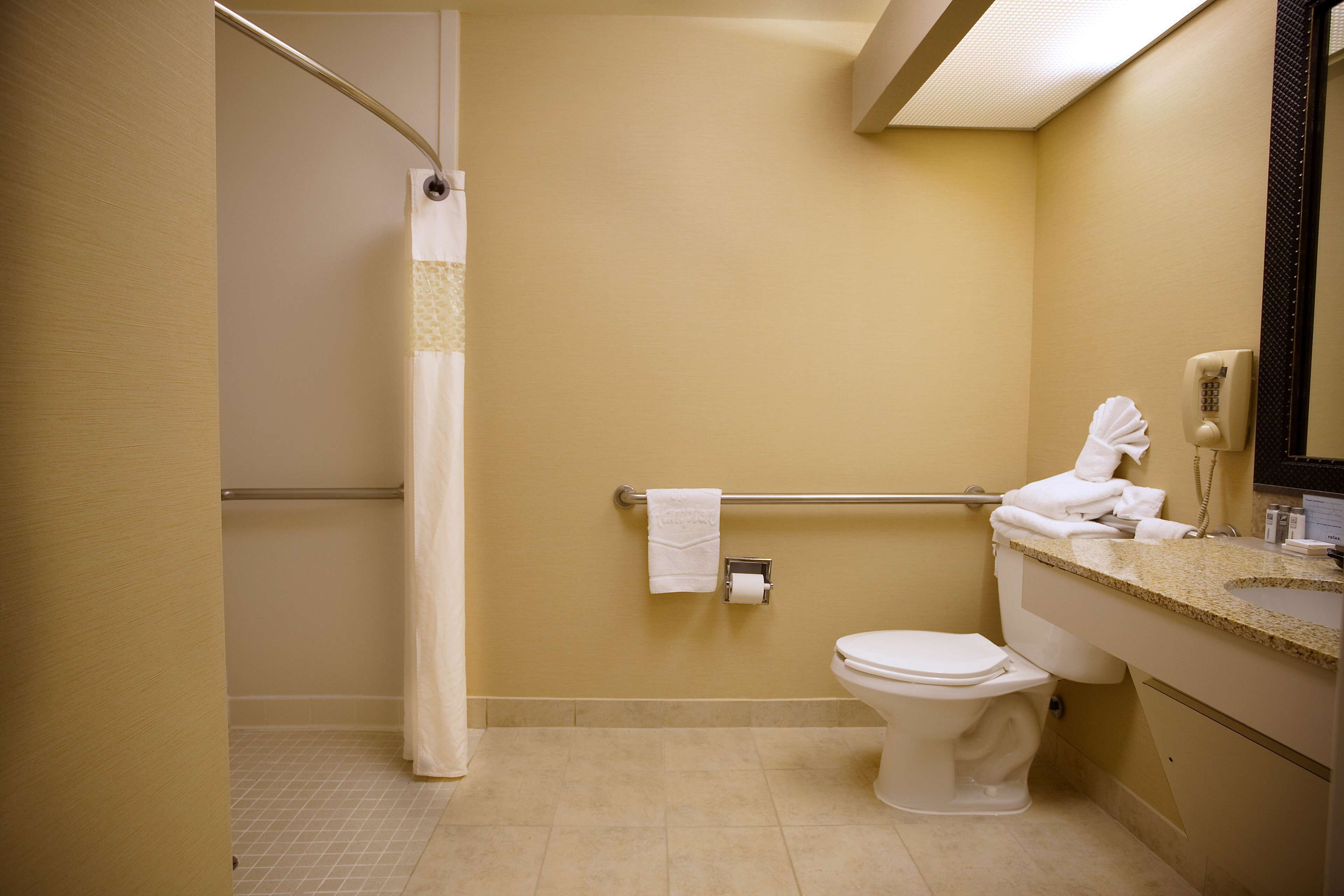 Un baño con inodoro, cortina de ducha, toallero y lavabo con espejo.
