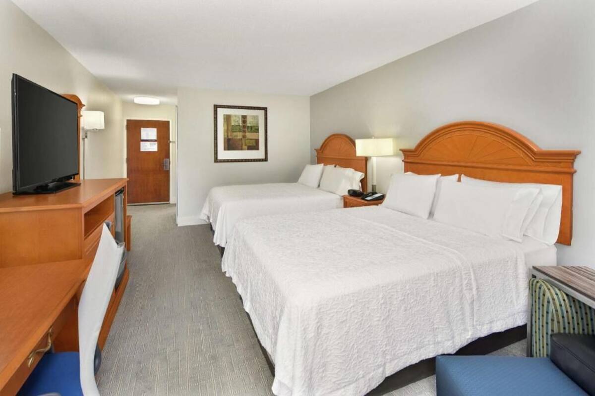 A hotel room with a large bed, a desk with a television, a door, and a framed picture on the wall.
