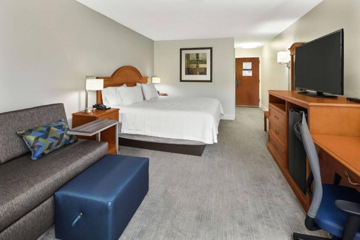 A hotel room with a bed, a sofa, a desk with a TV, and a door.
