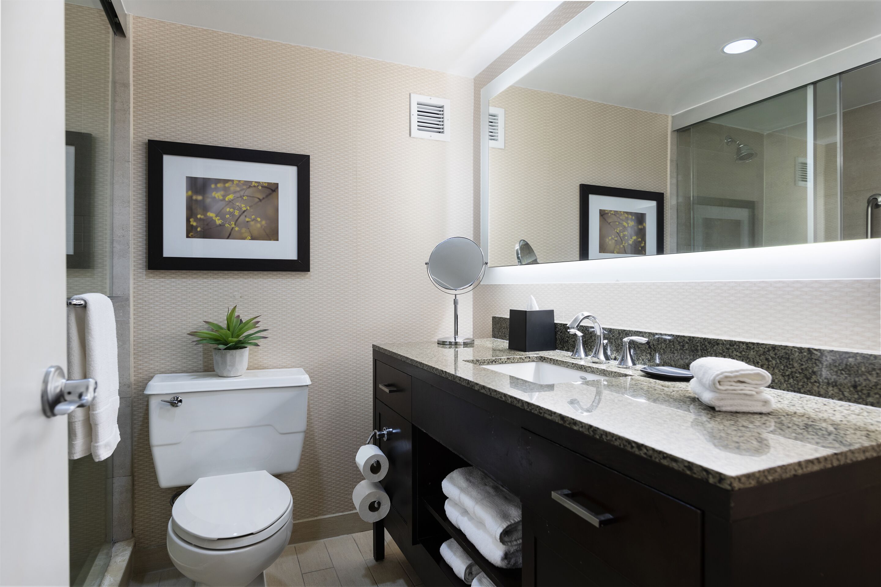 A modern bathroom with a toilet, sink, and mirror.