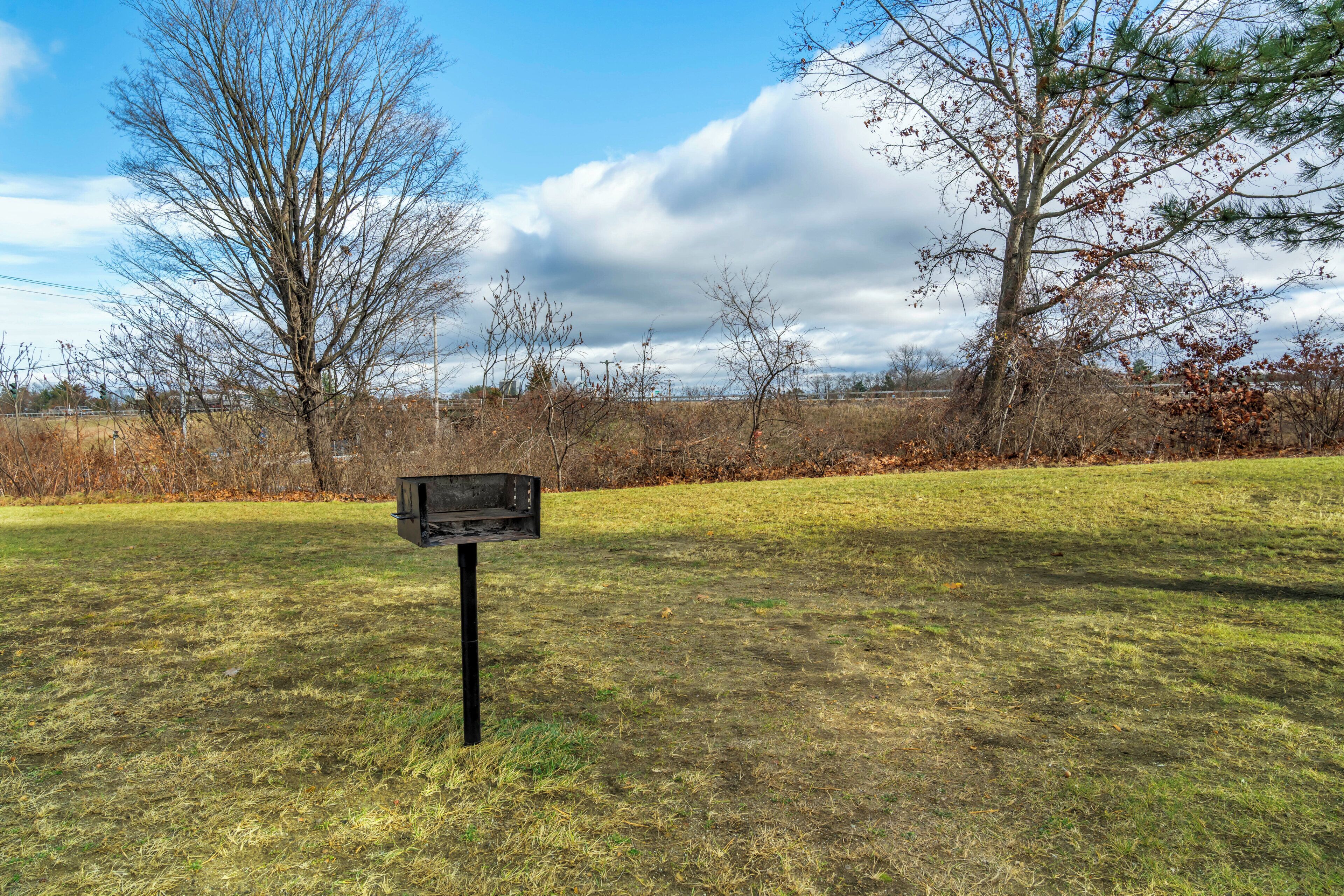 A mailbox in a grassy field with trees and a cloudy sky in the background.